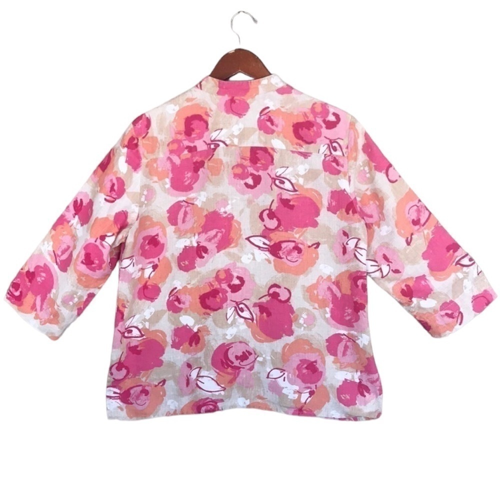 JM Collection Linen Floral Top Crochet Trim Pleated Button Front 12 - Picture 5 of 10